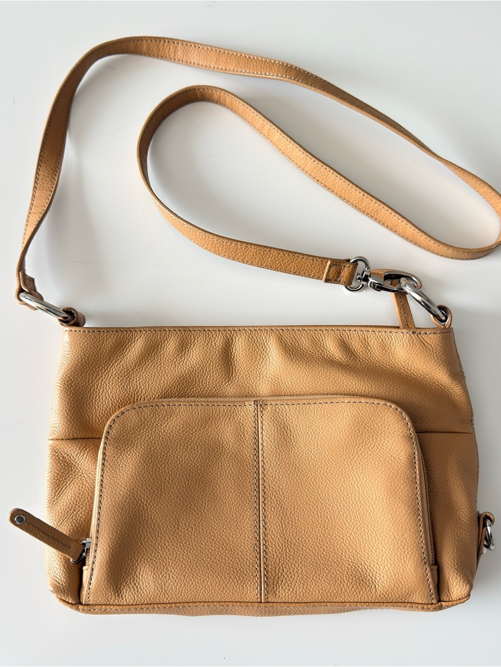Tignanello Crossbody Leather Camel Top Zip Front & Back Zip Pockets Silver Hardw
